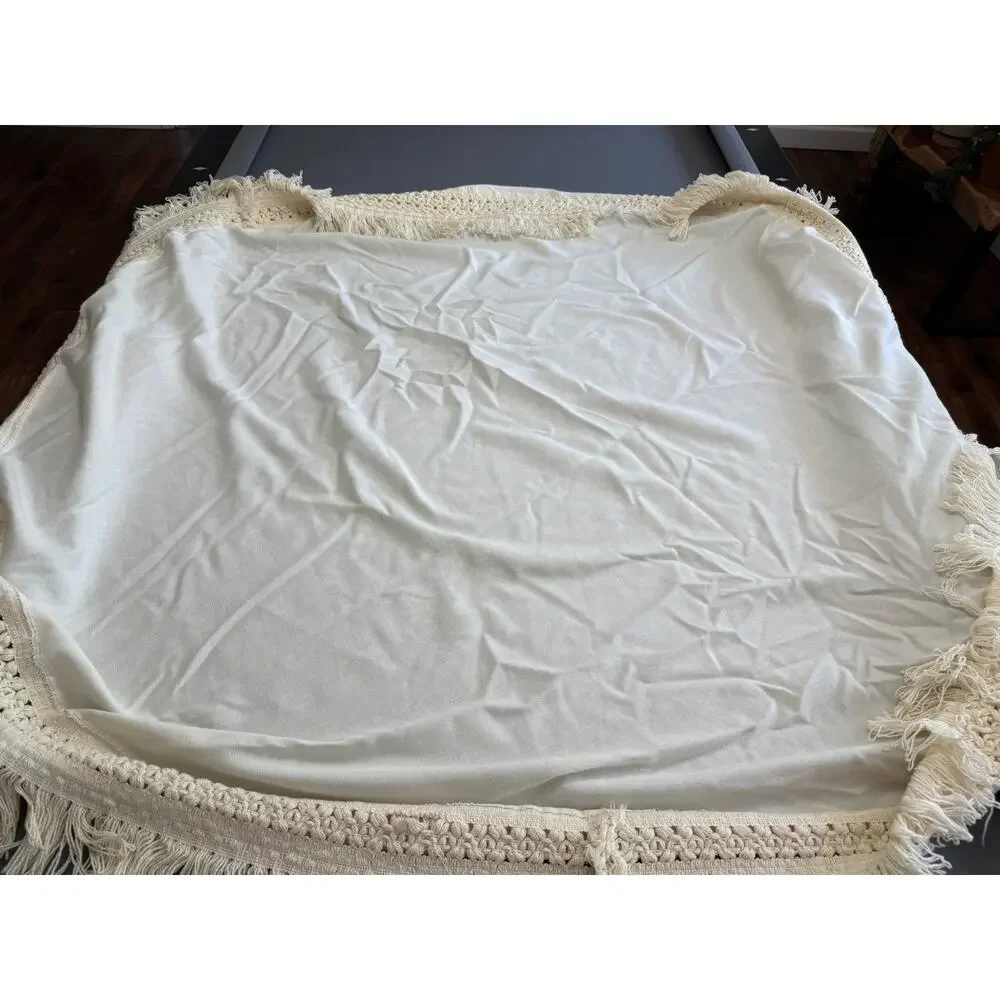 Cream Round Crochet Fringe Boho Farmhouse CottagecoreTablecloth 60 Inch Diameter